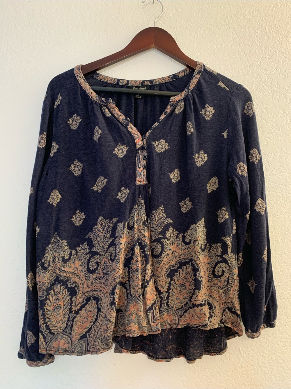 Lucky Brand Navy Paisley Henley Blouse with Peach and Cream Print